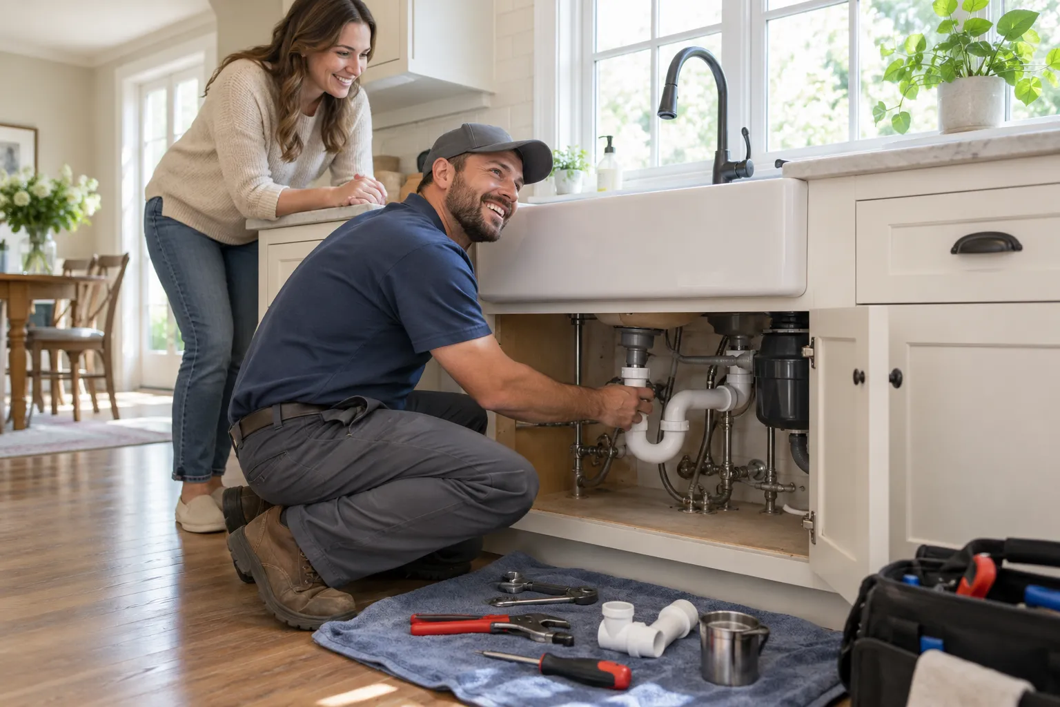 A provider checking under a kitchen sink for a homeowner in the Springfield area