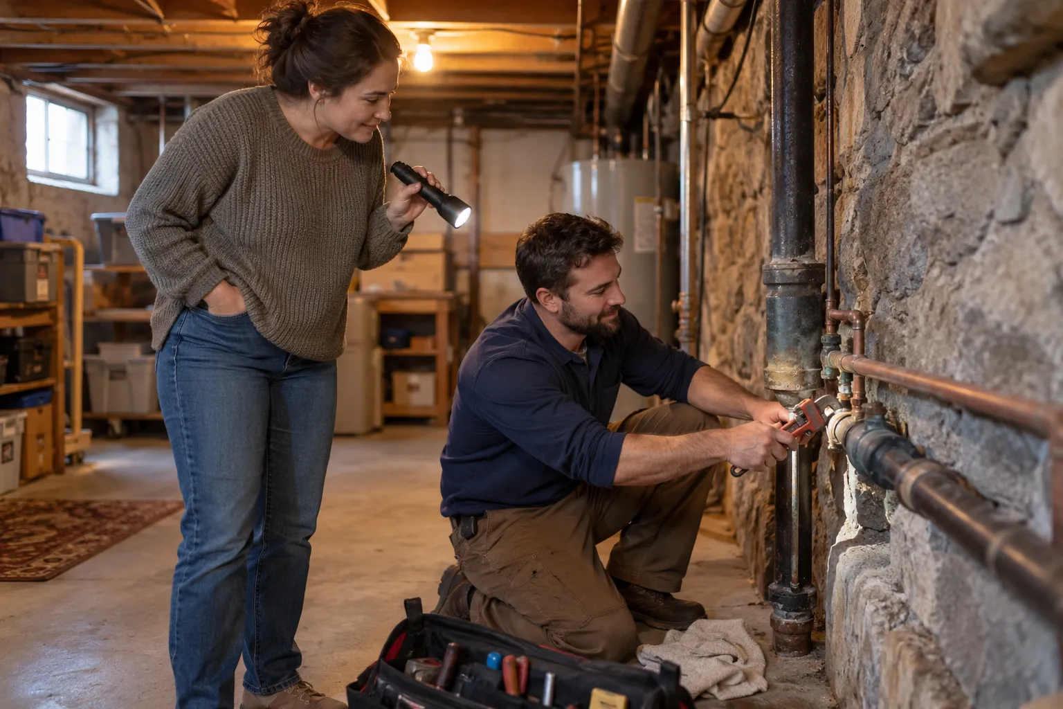 A homeowner in Springfield calmly talking with a friendly plumbing provider in a basement